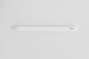 KYIV, UKRAINE - 4 MAY, 2023 New Apple pencil generation 2. Features a flat edge that attaches magnetically for automatic charging and pairing photo