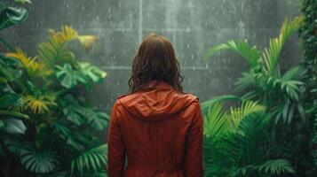 AI generated Woman with her back in beautiful tropics in the rainy weather photo