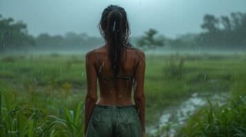 ai generado mujer con su espalda en hermosa zona tropical en el lluvioso clima foto