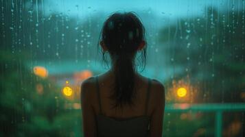 AI generated Woman with her back in beautiful tropics in the rainy weather photo