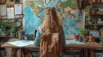 AI generated Female travelogue with map and laptop on table photo