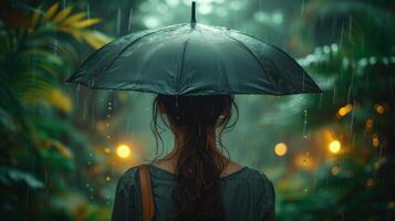 AI generated Woman with her back in beautiful tropics in the rainy weather photo