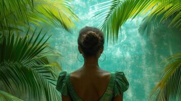 AI generated Woman with her back in beautiful tropics in the rainy weather photo