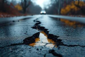 AI generated Road crack in the road and car moving on asphalt surface photo