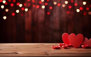 AI generated Empty wood table Valentine's Day red background with heart's photo