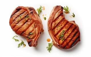 AI generated Grilled pork or beef steaks with chilli Isolated on White background photo