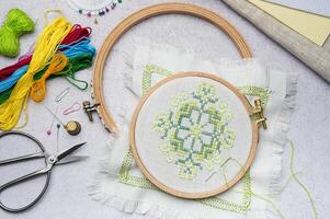 Embroidery with colored threads and various sewing accessories photo