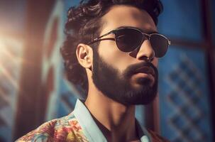 ai generado medio oriental masculino modelo con Gafas de sol. generar ai foto