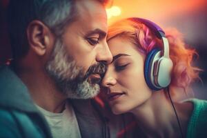 AI generated Loving happy adult couple with headphones. Generate ai photo