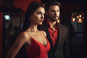 AI generated Handsome gentleman with brunette lady in red evening dress. Generate ai photo