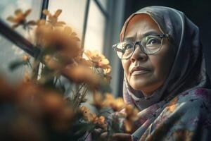 AI generated Indonesian mature woman window morning view. Generate Ai photo