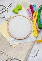 Embroidery hoop, fabric, thread and other accessories photo