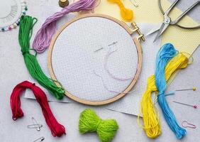 Embroidery hoop, fabric, thread and other accessories photo