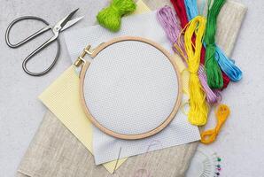 Embroidery hoop, fabric, thread and other accessories photo
