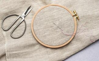 Embroidery hoop, fabric, thread and other accessories photo