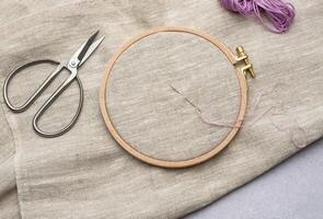 Embroidery hoop, fabric, thread and other accessories photo