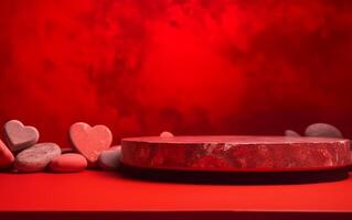 AI generated Empty wood stone podium table Valentine's Day red background with heart's photo