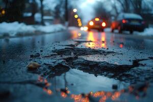 AI generated Road crack in the road and car moving on asphalt surface photo