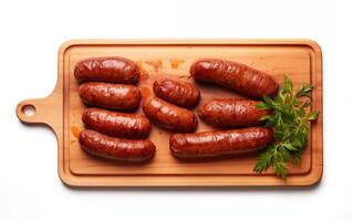 AI generated Tasty goodness sausages Isolated on White background photo