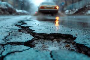 AI generated Road crack in the road and car moving on asphalt surface photo