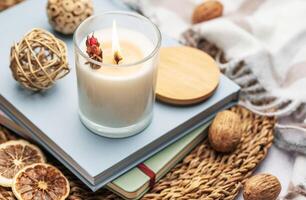 Aromatic candle on the table. photo