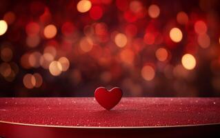 AI generated Empty wood stone podium table Valentine's Day red background with heart's photo