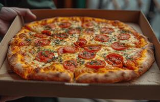 ai generado abierto caja con delicioso Pizza en mano foto