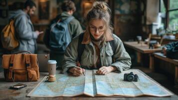 AI generated Female travelogue with map and laptop on table photo