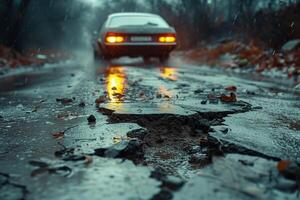 AI generated Road crack in the road and car moving on asphalt surface photo
