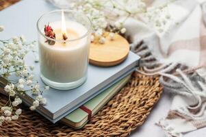 Aromatic candle on the table. photo