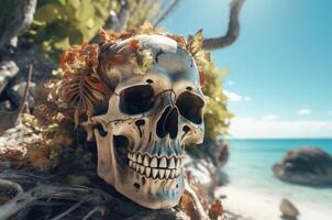 AI generated Hauntingly human skull on exotic seashore. Generate ai photo
