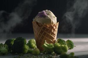 AI generated Wafer ice cream cone with broccoli on table. Generate ai photo