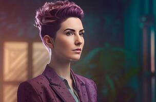 AI generated Hips skinny woman with short violet hairstyle. Generate ai photo