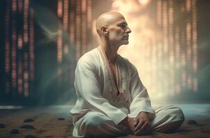 AI generated Meditation bald trader guru in lotus pose. Generate ai photo