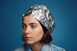 AI generated Woman tinfoil hat. Generate AI photo