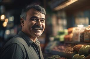 AI generated Smiling mature man seller in shop. Generate ai photo