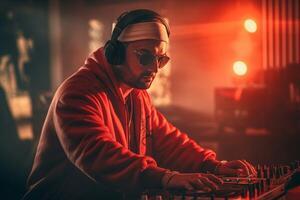 AI generated Man DJ in sunglasses at music console. Generate Ai photo