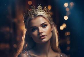 AI generated Beautiful blonde with crown on head on dark background. Generate Ai photo