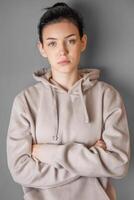 Pensive thoughtful young girl wearing sweatshirt with hood photo
