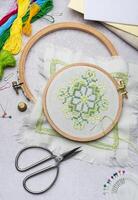 Embroidery with colored threads and various sewing accessories photo