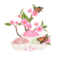 Hand-drawn watercolor illustration. Mochi sweet dessert of pink and green colors with sakura branches and butterflies png