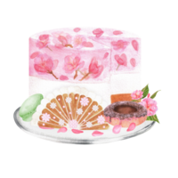 Hand-drawn watercolor illustration. A cake with sakura souffle on the glass plate with other sweets like macaroons, donats and biscuits png