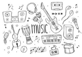 Hand drawn sketch set of music culture doodles, instruments, notes, signs and symbols vector