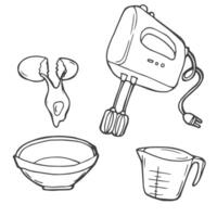 Hand drawn set of baking and cooking tools, mixer, cake, spoon, cupcake, scale. vector