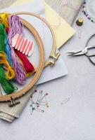 Embroidery hoop, fabric, thread and other accessories photo