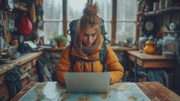 AI generated Female travelogue with map and laptop on table photo