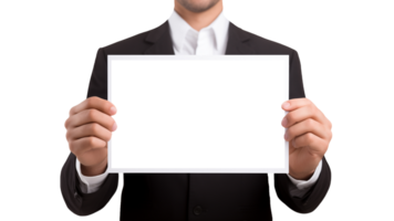 AI generated Businessman holding frame with transparent background. Young man with blank frame cut out png