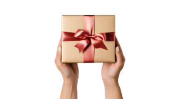 AI generated Present box in hand cut out. Hands holding gift box on transparent background png