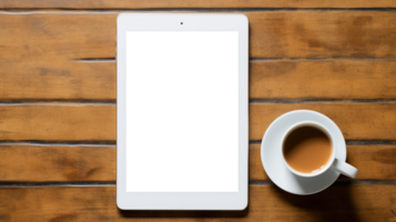 AI generated Tablet mockup top view. Tablet with transparent screen on wooden table png