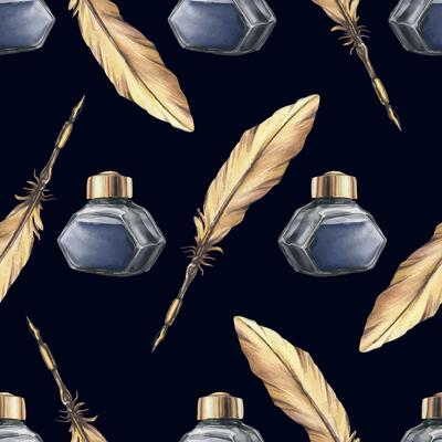 Writing supplies gold pen, ink in a glass jar. Hand drawn watercolor illustration. Seamless pattern on a dark background